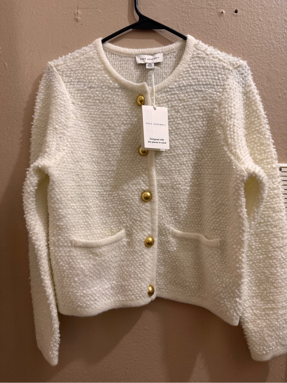 Free Assembly Cream Bouclé Button-Front Cardigan
